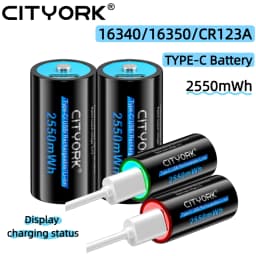 CITYORK CR123A Battery 2550mWh 3.7V Rechargeable Li-ion 16340 Batteries 16350 RCR123 Batter For LED Flashlight +USB Type-c Cable