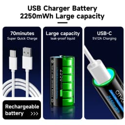 CITYORK CR123A Battery 2550mWh 3.7V Rechargeable Li-ion 16340 Batteries 16350 RCR123 Batter For LED Flashlight +USB Type-c Cable