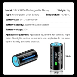 CITYORK CR123A Battery 2550mWh 3.7V Rechargeable Li-ion 16340 Batteries 16350 RCR123 Batter For LED Flashlight +USB Type-c Cable