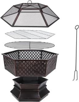 26'' Fire Bowl with Spark Protection and Grill Grate, Outdoor Fire Pit for the Garden, 4-in-1 BBQ Grill with Cover, Poker