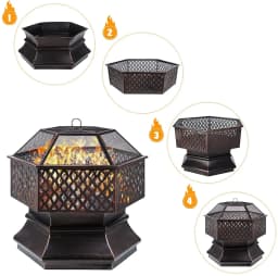 26'' Fire Bowl with Spark Protection and Grill Grate, Outdoor Fire Pit for the Garden, 4-in-1 BBQ Grill with Cover, Poker