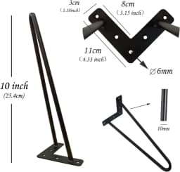 10 inch Metal Table Legs 25cm Hairpin Leg Black 2 Rod 10mm Mid Century Modern Industrial Style for Coffee Tables Bench Desk Leg