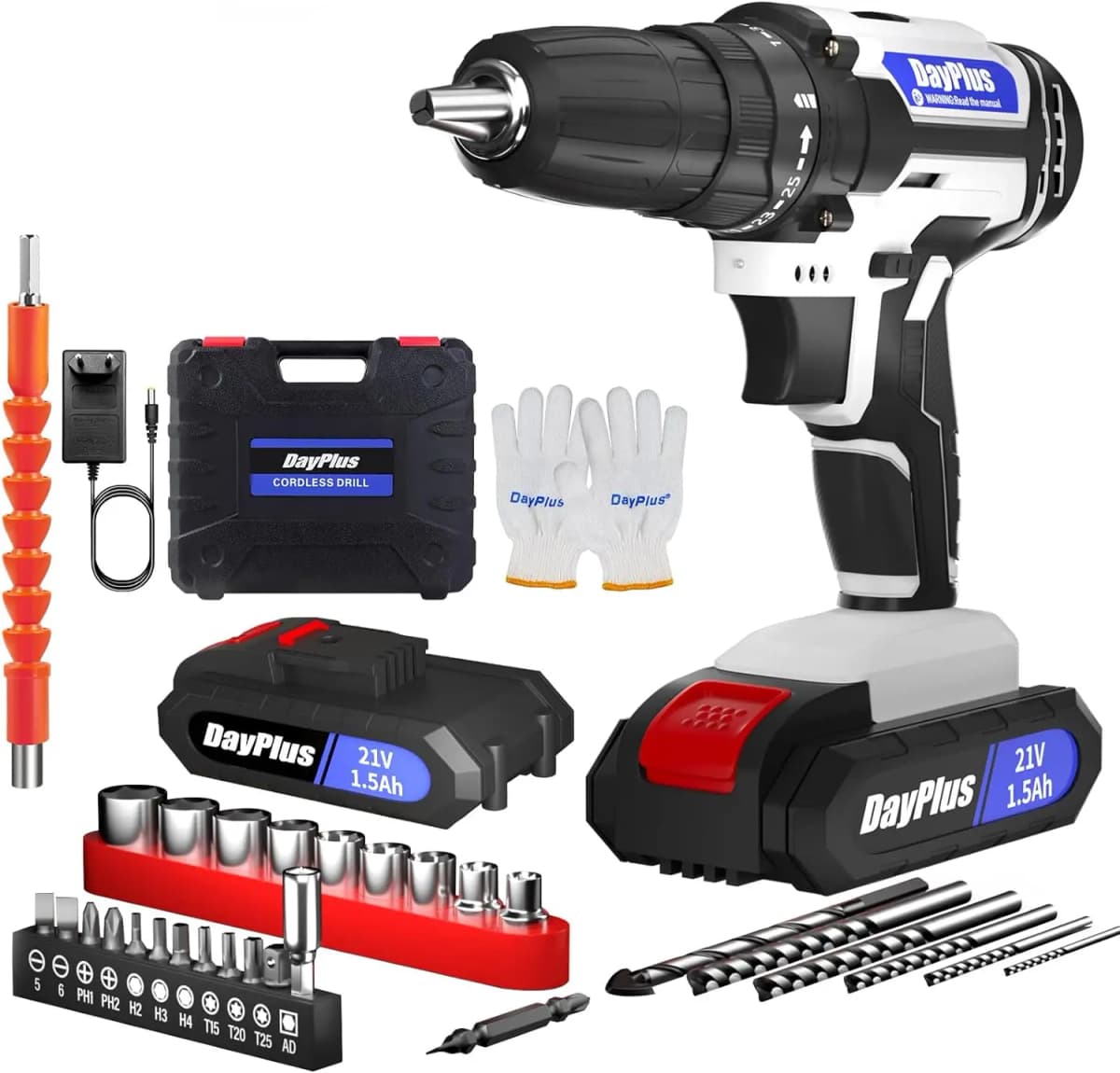 DayPlus 21V Cordless Drill Driver,Electric Cordless Screwdriver 45Nm with 1500mAh Battery, 2 Speeds, 29CS Accessories