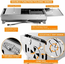 Charcoal Grill Stainless Steel, Portable Camping Grill BBQ with Double Folding Wings, non-stick Pan, Adjustable Ventilation