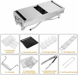 Charcoal Grill Stainless Steel, Portable Camping Grill BBQ with Double Folding Wings, non-stick Pan, Adjustable Ventilation
