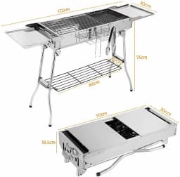Charcoal Grill Stainless Steel, Portable Camping Grill BBQ with Double Folding Wings, non-stick Pan, Adjustable Ventilation