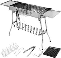 Charcoal Grill Stainless Steel, Portable Camping Grill BBQ with Double Folding Wings, non-stick Pan, Adjustable Ventilation