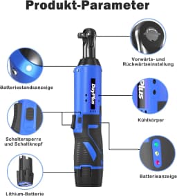 DayPlus 12 V Portable Handheld Electric Ratchet Wrench Set 3/8Inch Cordless Battery Power, High Torque+2 x 1500 mAh Battery