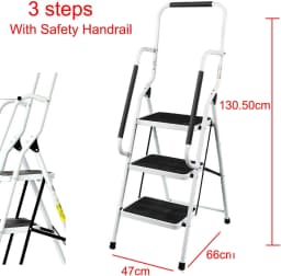 Stepladder 3 Steps Foldable With Handrail, Folding Step Made Of Steel &Retaining Bracket & Rubberized Steps- Easy To Store 150kg