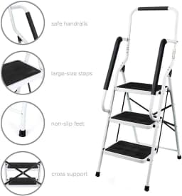 Stepladder 3 Steps Foldable With Handrail, Folding Step Made Of Steel &Retaining Bracket & Rubberized Steps- Easy To Store 150kg