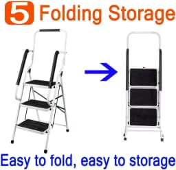 Stepladder 3 Steps Foldable With Handrail, Folding Step Made Of Steel &Retaining Bracket & Rubberized Steps- Easy To Store 150kg