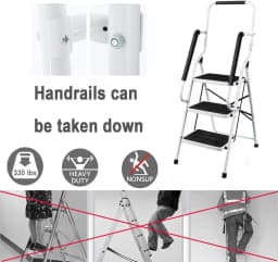 Stepladder 3 Steps Foldable With Handrail, Folding Step Made Of Steel &Retaining Bracket & Rubberized Steps- Easy To Store 150kg