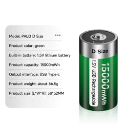PALO 1.5V D Size Rechargeable Battery Type-C USB Charging LR20 Li-ion Batteries R20 Lithium Battery for Heater Gas Stove