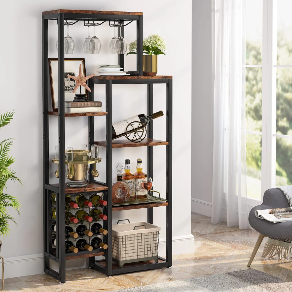Tribesigns Wine Rack Freestanding Floor, 5-Tier Wine Baker Rack with Glass Holder & Wine Storage, Industrial Wine Display Shelf