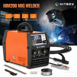 HITBOX MIG Welder 4 in 1 Stick/MMA Flux Core MIG Lift TIG Support Spool Gun Semi-Automatic Welding Machine Non Gas Soldering Inverter Welder for 1KG Welding Wire HIM200