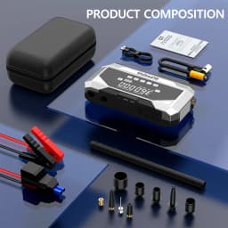A 8000mah Jump Starter Power Bank Featuring a 150 PSI Air Compressor, Capable of Boosting 1500 A for 12V Car Batteries, Suitable for ALL Gasoline Or 10L Diesel Engines. This 2-In-1 Portable Jump Box Includes an LCD Display And LED Lights