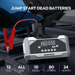 A 8000mah Jump Starter Power Bank Featuring a 150 PSI Air Compressor, Capable of Boosting 1500 A for 12V Car Batteries, Suitable for ALL Gasoline Or 10L Diesel Engines. This 2-In-1 Portable Jump Box Includes an LCD Display And LED Lights
