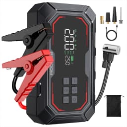 A 8000mah Jump Starter Power Bank Featuring a 150 PSI Air Compressor, Capable of Boosting 1500 A for 12V Car Batteries, Suitable for ALL Gasoline Or 10L Diesel Engines. This 2-In-1 Portable Jump Box Includes an LCD Display And LED Lights