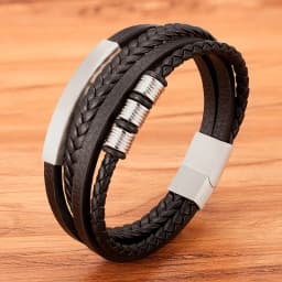 TYO New Stainless Steel Black Multilayer Genuine Leather Bracelet For Men Magnetic Clasp Button Vintage Braid Bangle Jewelry