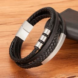 TYO New Stainless Steel Black Multilayer Genuine Leather Bracelet For Men Magnetic Clasp Button Vintage Braid Bangle Jewelry