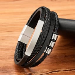 TYO New Stainless Steel Black Multilayer Genuine Leather Bracelet For Men Magnetic Clasp Button Vintage Braid Bangle Jewelry