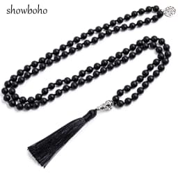 8mm Matte Black Agate Beads Knotted 108 Mala Necklace Meditation Yoga Declaration Tibetan Tassel Tree of Life Pendant Jewelry