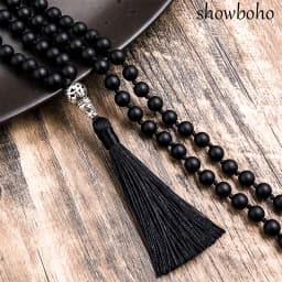 8mm Matte Black Agate Beads Knotted 108 Mala Necklace Meditation Yoga Declaration Tibetan Tassel Tree of Life Pendant Jewelry