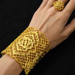 XUHUANG Dubai Ethiopia 24K Gold Color Hollow Bangle With Ring For Women Arabic Luxury Charm Copper Bangles Party Jewelry Gifts