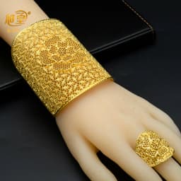 XUHUANG Dubai Ethiopia 24K Gold Color Hollow Bangle With Ring For Women Arabic Luxury Charm Copper Bangles Party Jewelry Gifts