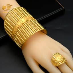 XUHUANG Dubai Ethiopia 24K Gold Color Hollow Bangle With Ring For Women Arabic Luxury Charm Copper Bangles Party Jewelry Gifts