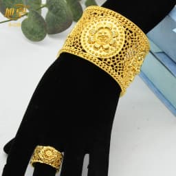 XUHUANG Dubai Ethiopia 24K Gold Color Hollow Bangle With Ring For Women Arabic Luxury Charm Copper Bangles Party Jewelry Gifts