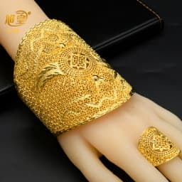 XUHUANG Dubai Ethiopia 24K Gold Color Hollow Bangle With Ring For Women Arabic Luxury Charm Copper Bangles Party Jewelry Gifts