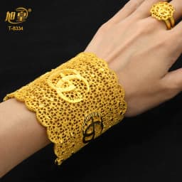 XUHUANG Dubai Ethiopia 24K Gold Color Hollow Bangle With Ring For Women Arabic Luxury Charm Copper Bangles Party Jewelry Gifts