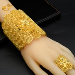 XUHUANG Dubai Ethiopia 24K Gold Color Hollow Bangle With Ring For Women Arabic Luxury Charm Copper Bangles Party Jewelry Gifts