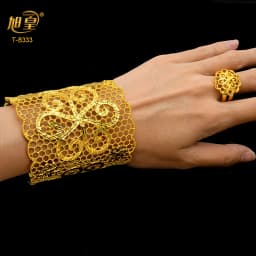 XUHUANG Dubai Ethiopia 24K Gold Color Hollow Bangle With Ring For Women Arabic Luxury Charm Copper Bangles Party Jewelry Gifts