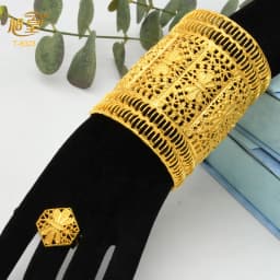 XUHUANG Dubai Ethiopia 24K Gold Color Hollow Bangle With Ring For Women Arabic Luxury Charm Copper Bangles Party Jewelry Gifts