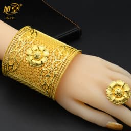 XUHUANG Dubai Ethiopia 24K Gold Color Hollow Bangle With Ring For Women Arabic Luxury Charm Copper Bangles Party Jewelry Gifts