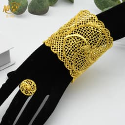 XUHUANG Dubai Ethiopia 24K Gold Color Hollow Bangle With Ring For Women Arabic Luxury Charm Copper Bangles Party Jewelry Gifts