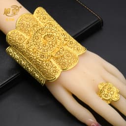 XUHUANG Dubai Ethiopia 24K Gold Color Hollow Bangle With Ring For Women Arabic Luxury Charm Copper Bangles Party Jewelry Gifts