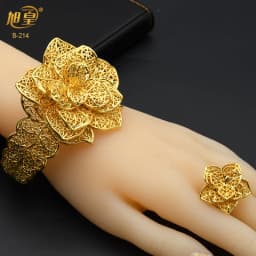 XUHUANG Dubai Ethiopia 24K Gold Color Hollow Bangle With Ring For Women Arabic Luxury Charm Copper Bangles Party Jewelry Gifts