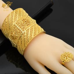 XUHUANG Dubai Ethiopia 24K Gold Color Hollow Bangle With Ring For Women Arabic Luxury Charm Copper Bangles Party Jewelry Gifts