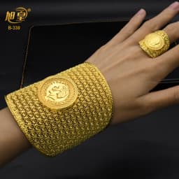 XUHUANG Dubai Ethiopia 24K Gold Color Hollow Bangle With Ring For Women Arabic Luxury Charm Copper Bangles Party Jewelry Gifts
