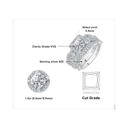 JewelryPalace 3Pcs 925 Sterling Silver Halo Wedding Engagement Ring Set for Women 2.9ct Princess Cut AAAAAA CZ Fashion Jewelry