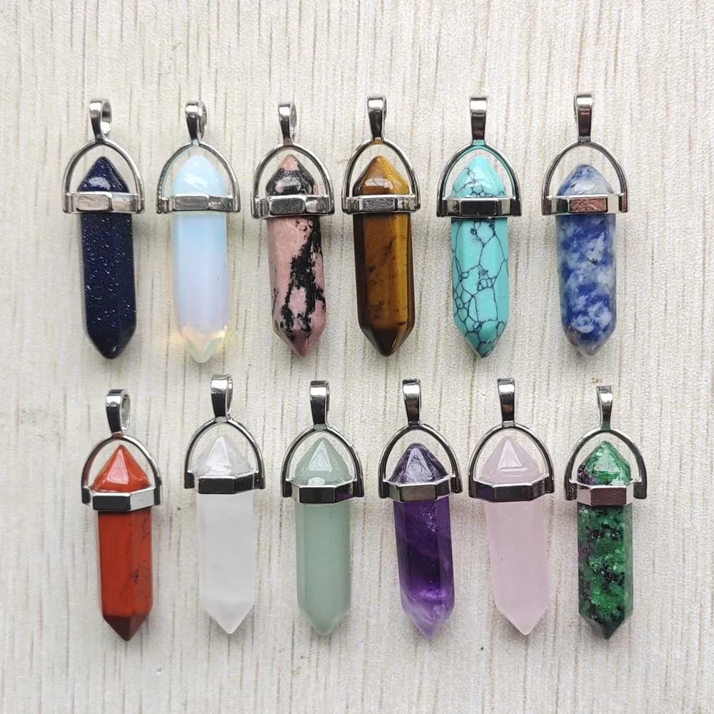 Fast Shipping Natural Stone Quartz Aventurine Lapis Crystal Hexagonal Pillar Pendants for Jewelry Accessories 12pcs Wholesale