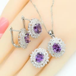 Purple Amethyst Dubai Silver 925 Bridal Jewelry Sets For Women Bracelet Hoop Earrings Necklace Pendant Rings Best Gift