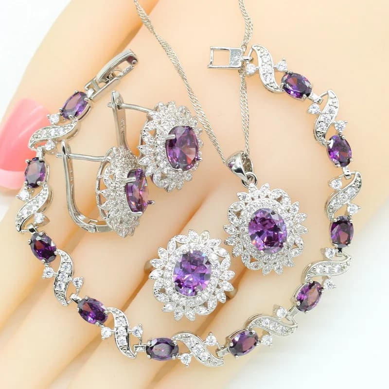 Purple Amethyst Dubai Silver 925 Bridal Jewelry Sets For Women Bracelet Hoop Earrings Necklace Pendant Rings Best Gift