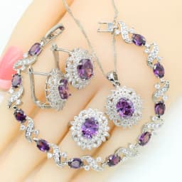 Purple Amethyst Dubai Silver 925 Bridal Jewelry Sets For Women Bracelet Hoop Earrings Necklace Pendant Rings Best Gift