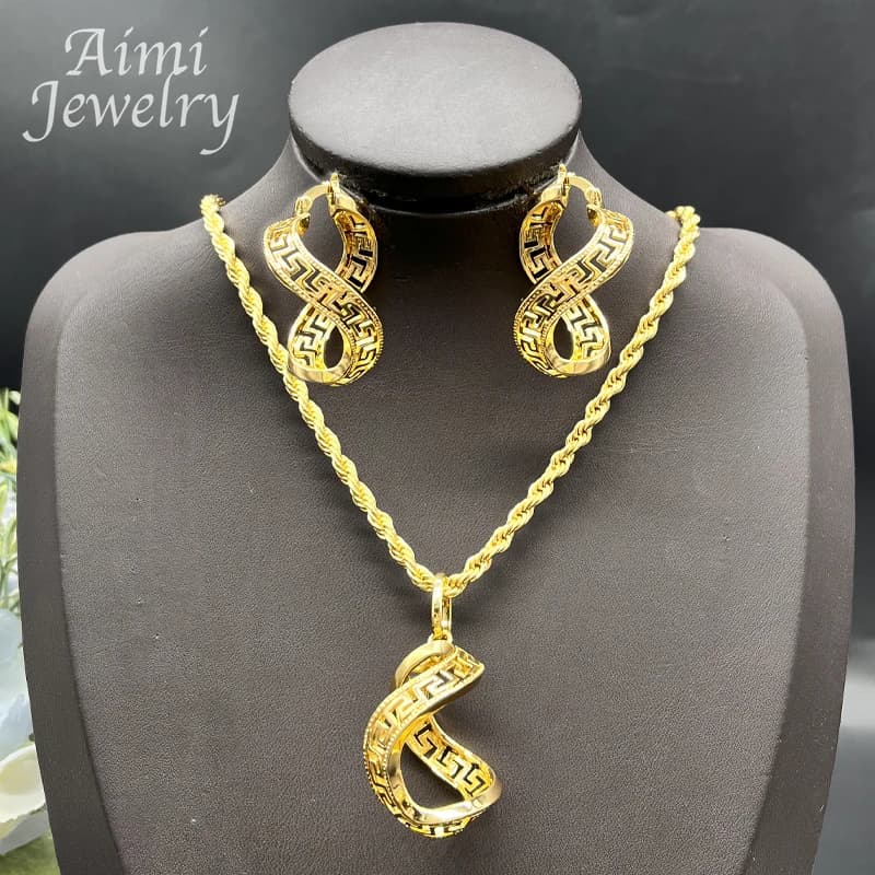 18K Gold Plated Jewelry Set for Women Special Rhombus Design Pendant and Earrings Wedding Anniversary Copper Jewelry Accessories