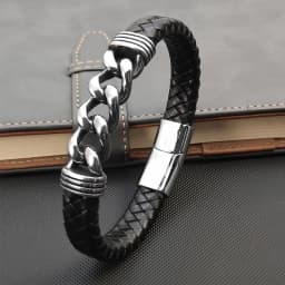 MingAo Luxury Chain Leather Braid Men Bracelet Stainless Steel Buckle Business Men's Bangles for Friend Partner Lovers Gift