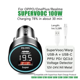 For OPPO car charger SuperVooc 100W, Cigarette Lighter plug for OPPO Find X7 Reno8,12V Usb for realme oneplus charger warp 80w